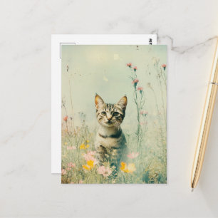 Schattige Retro Kitty in een Veld met Wilde Bloeme Briefkaart