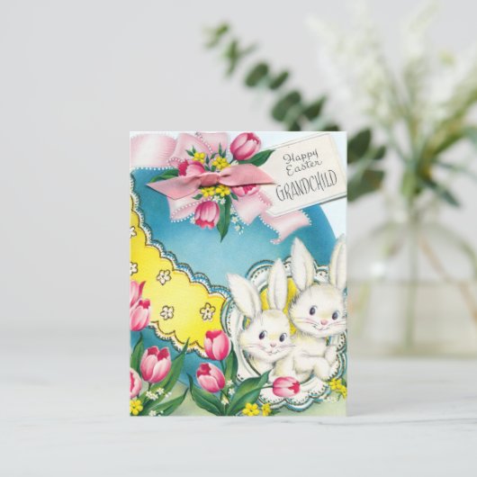 schattige retro kleinkind paasbunny briefkaart (Staand voorkant)