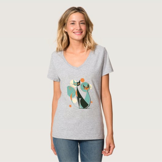 Schattige Retro  MCM Cats Zwart OranjeTurquoise T-shirt (Voorkant volledig)