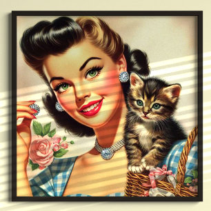 Schattige Retro Meisje en Kitten Poster