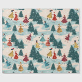 Schattige Retro Meisjes Schaatsen in Winter Wonder Cadeaupapier (Vlak)