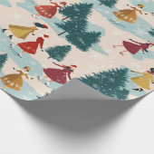 Schattige Retro Meisjes Schaatsen in Winter Wonder Cadeaupapier (Hoek)