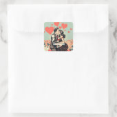 Schattige Retro Paar Kussen Pop Art Hearts Vierkante Sticker (Tas)