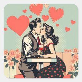 Schattige Retro Paar Kussen Pop Art Hearts Vierkante Sticker