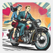 Schattige Retro Paar op Motorfiets Valentijnsdag Vierkante Sticker (Voorkant)
