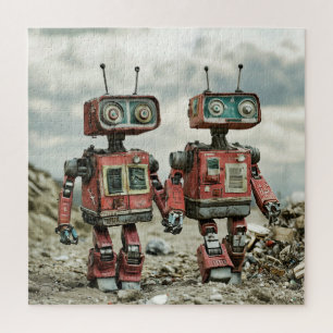 Schattige Retro Robots Verliefd en Houden Elkaars Legpuzzel