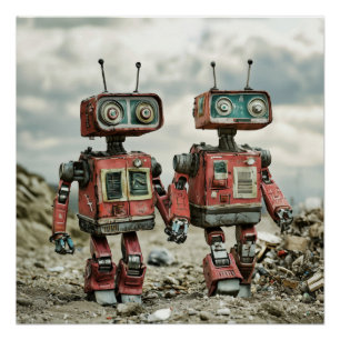 Schattige Retro Robots Verliefd Houden Elkaars Han Perfect Poster