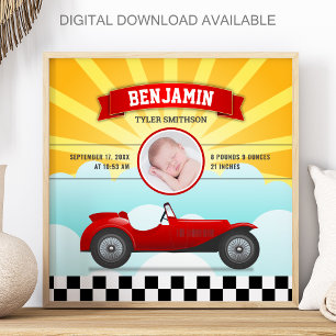 Schattige Retro Rode Race Auto Baby Foto Geboorte  Poster