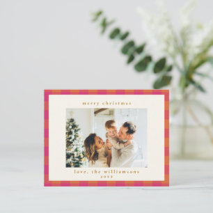 Schattige Retro Roze en Oranje Geruite Kerst Foto Feestdagenkaart