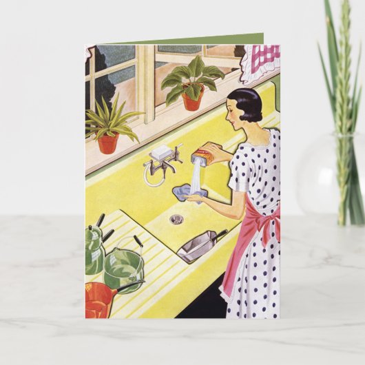 schattige retro  schoonmaakster voegt sentiment to notitiekaartje (Voorkant)