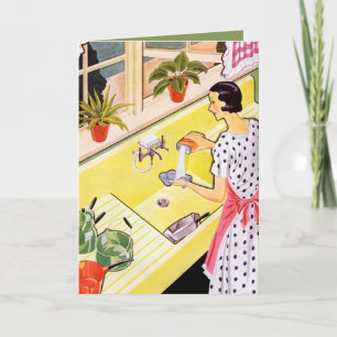 schattige retro schoonmaakster voegt sentiment to notitiekaartje