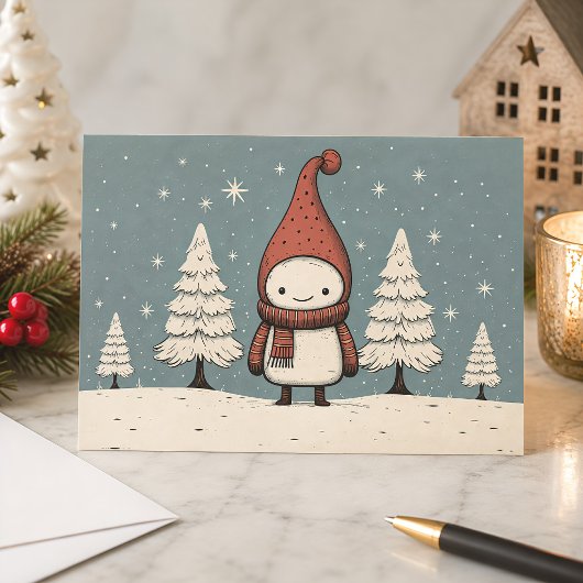 Schattige Retro Sneeuwman Winter Kerstmis Feestdagenkaart