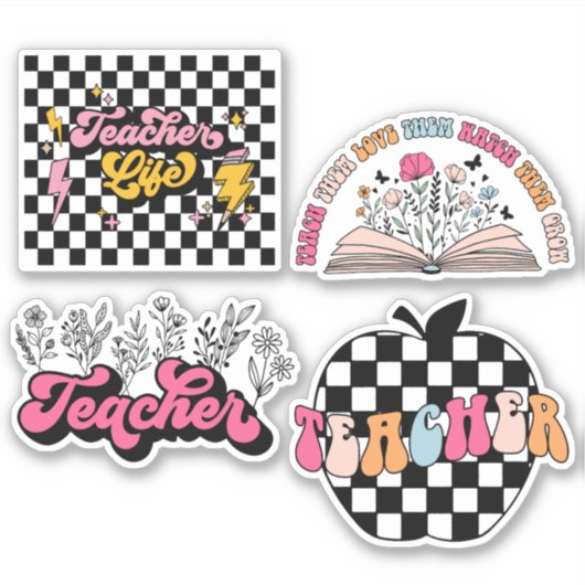 Schattige Retro Teacher Life Vinyl Sticker Pack (Voorkant)
