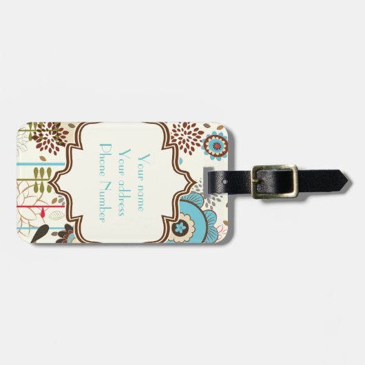 Schattige retro turquoise blauw bloemmotief monogr bagagelabel (Voorkant horizontaal)