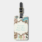 Schattige retro turquoise blauw bloemmotief monogr bagagelabel (Voorkant verticaal)