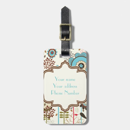 Schattige retro turquoise blauw bloemmotief monogr bagagelabel (Voorkant verticaal)