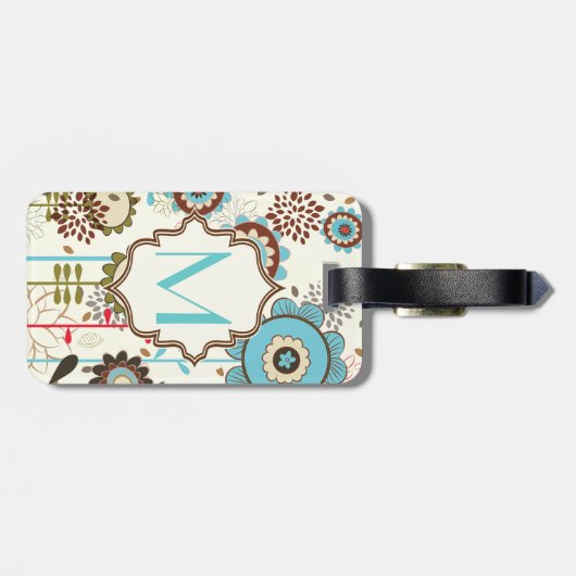 Schattige retro turquoise blauw bloemmotief monogr bagagelabel (Achterkant horizontaal)