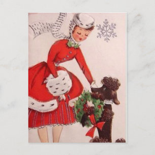 Schattige retro vintage Kerstmis dame hond Feestdagenkaart