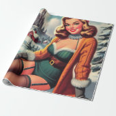 Schattige Retro Winter Pin-up Cadeaupapier (Uitgerold)