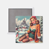 Schattige Retro Winter Pin-up Magneet (Voorkant / Achterkant)