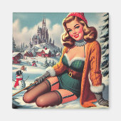 Schattige Retro Winter Pin-up Magneet (Voorkant)