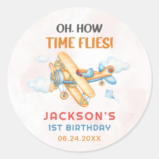 Schattige  Retro Yellow Vliegtuig 1e Verjaardag Ronde Sticker (Voorkant)