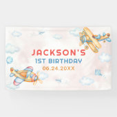 Schattige  Retro Yellow Vliegtuig 1e Verjaardag Spandoek (Horizontaal)