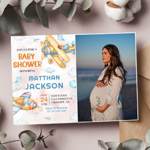 Schattige Retro Yellow Vliegtuig Baby shower Kaart