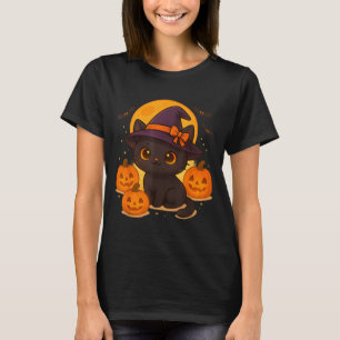 Schattige Retro Zwarte Kat Heks Pompoen Halloween T-shirt