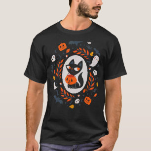 Schattige Retro Zwarte Kat Herfst Halloween T-shirt