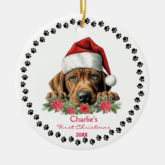 Schattige Rhodesian Ridgeback Dog Santa Hat Paw Pr Keramisch Ornament (Voorkant)