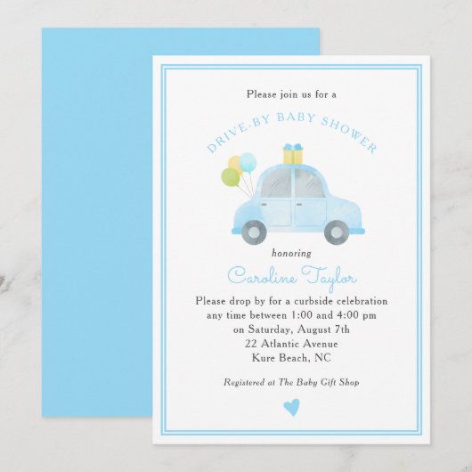 Schattige rijden met Blue Car Balloons Boy Baby sh Kaart (Voorkant / Achterkant)