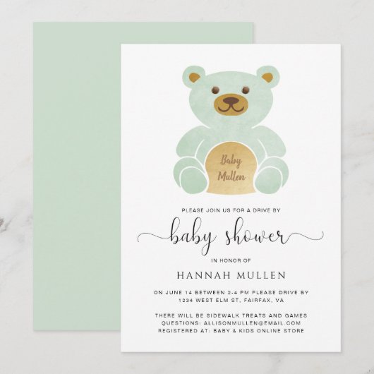 Schattige rijden van Baby shower Teddy Bear Mint Kaart (Voorkant / Achterkant)