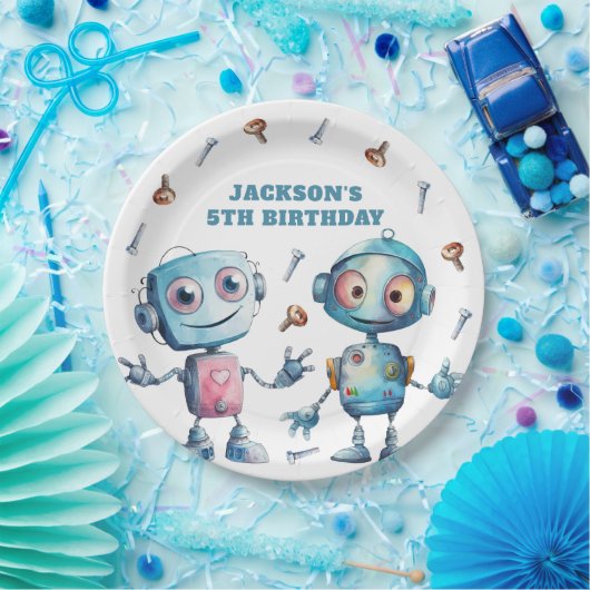 Schattige Robot Blauw Wit Kinder Papieren Bordje (Feest)