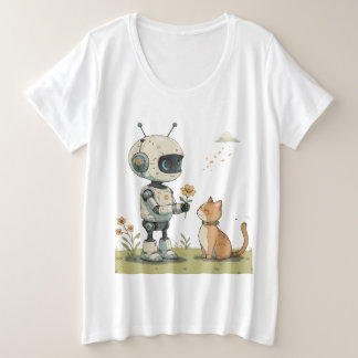 Schattige Robot Geeft Bloem aan Kat Hartverwarmend Grote Maat T-shirt
