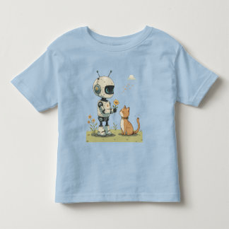 Schattige Robot Geeft Bloem aan Kat Hartverwarmend Kinder Shirts