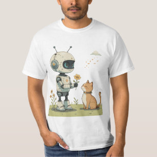 Schattige Robot Geeft Bloem aan Kat Hartverwarmend T-shirt