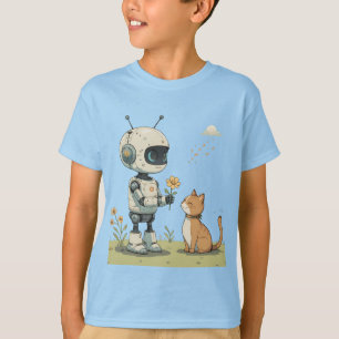 Schattige Robot Geeft Bloem aan Kat Hartverwarmend T-shirt