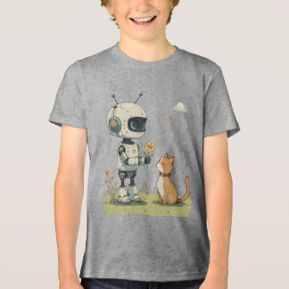 Schattige Robot Geeft Bloem aan Kat Hartverwarmend Tri-Blend Shirt