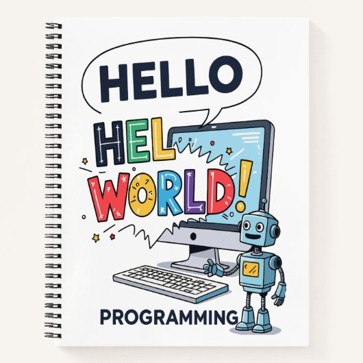 Schattige Robot Hello World Programmeur Notitieboe Notitieboek (Voorkant)