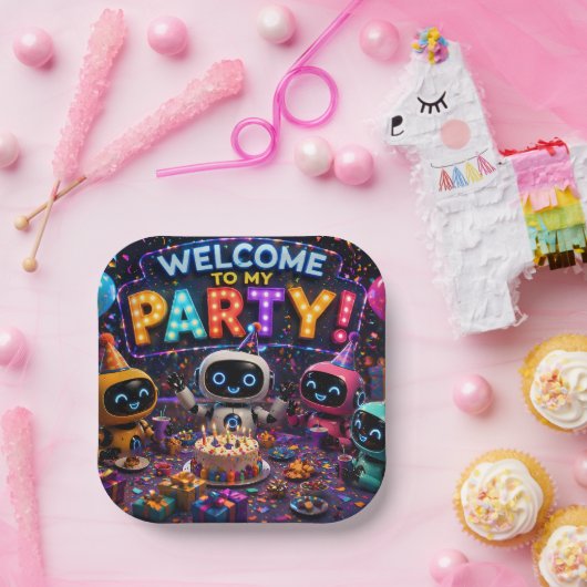 Schattige robots, groot feestbord papieren bordje (Feest)