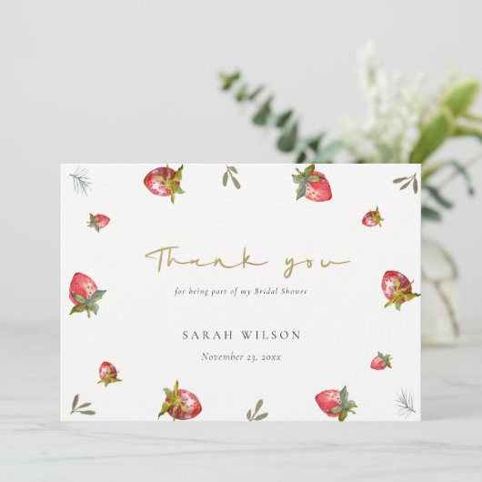 Schattige rode aardbei bladerrijke botanische brui bedankkaart (Staand voorkant)