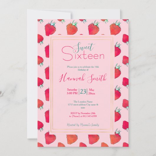  Schattige Rode Aardbeien Girly Roze Patroon Kaart (Voorkant)