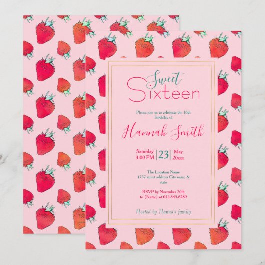  Schattige Rode Aardbeien Girly Roze Patroon Kaart (Voorkant / Achterkant)