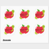 Schattige rode appel met worm school onderwerp lab ronde sticker (Vel)