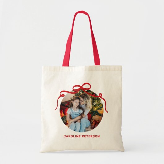 Schattige Rode Coquette Strik Lint Aangepaste Foto Tote Bag (Voorkant)