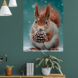 Schattige rode eekhoorn in de sneeuw met een pinec poster