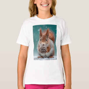 Schattige rode eekhoorn in de sneeuw met een pinec t-shirt