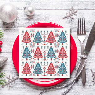 Schattige rode en blauwe kerstboom Noordse patroon Servet