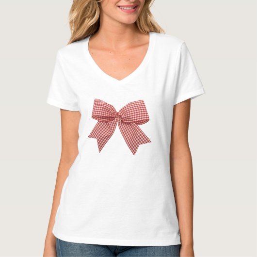 Schattige rode en witte geruite strik V-hals T-shirt (Voorkant)